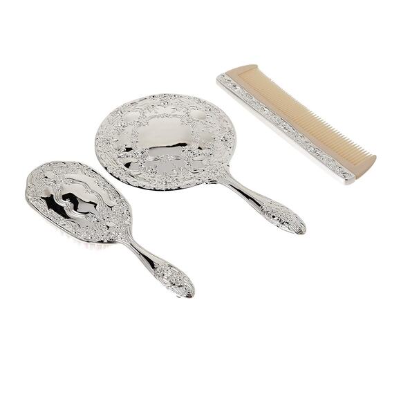 NWB Victorian Trading Co Brush Silver Comb & Mirror Silver Plated 3 Vanity Set - Picture 3 of 8